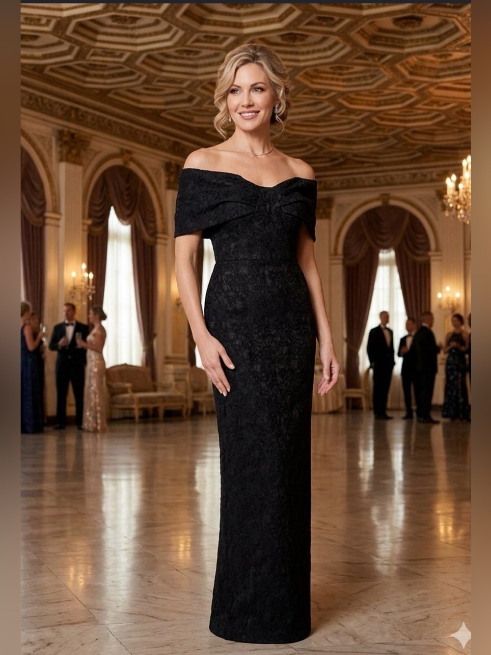 Betsy and Adam Black Off-the-Shoulder Jacquard Stretch Lace Sz 10 Evening Gown